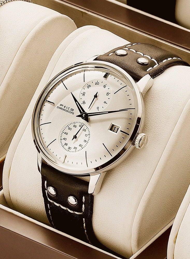 FEICE Men's Automatic Mechanical Watch with Curved Mirror, Brushed Finish Dial, Stainless Steel Leather Band – Casual Dress Style - Image 1